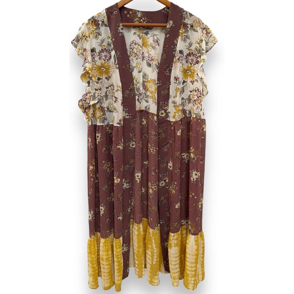 Women S/M Kimono Long Tiered Floral Boho Short Sleeve Purple Flowy Lightweight